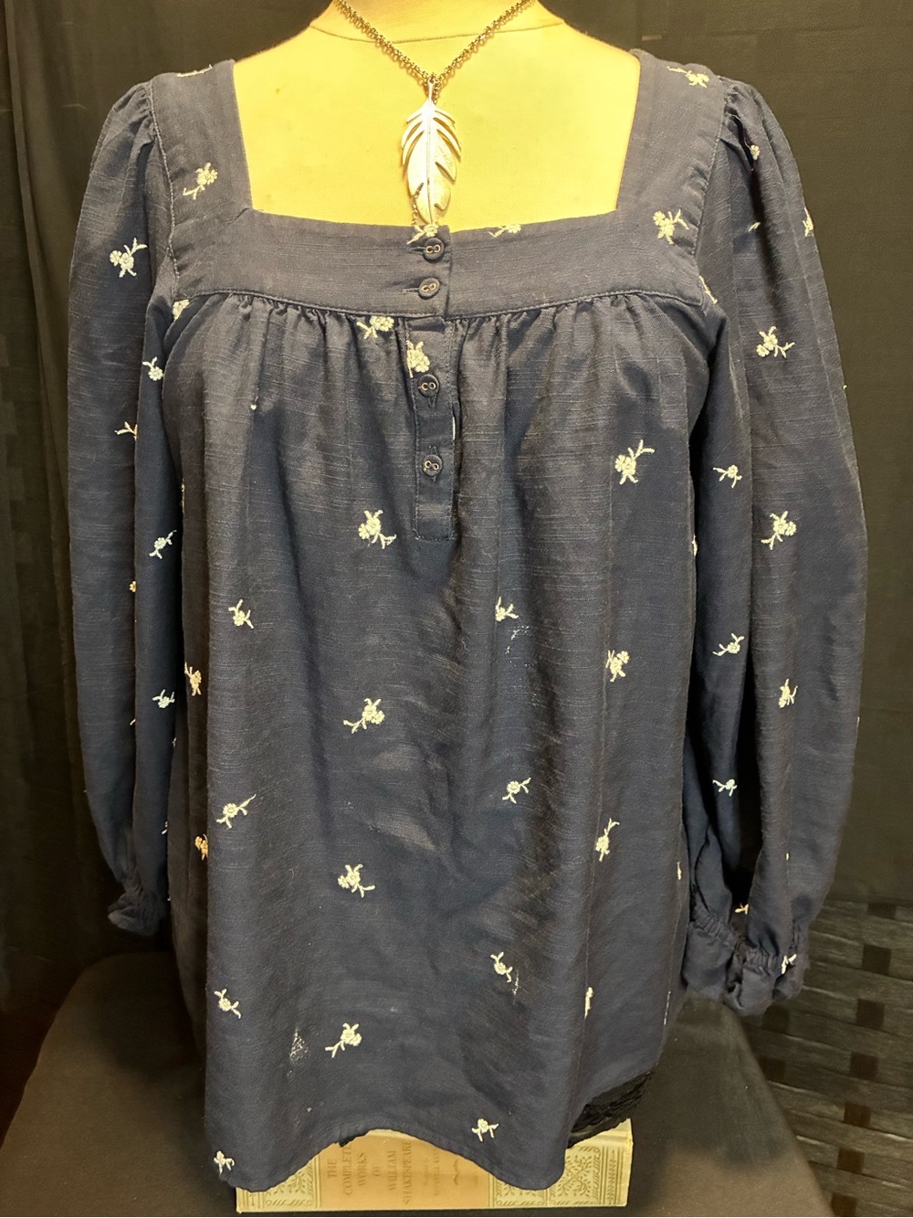 LC Lauren Conrad Navy Square-Neck Embroidered Peasant Blouse